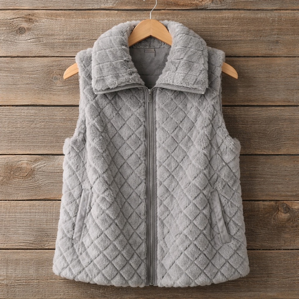 Carmen Marc Valvo Quilted Gray Faux Fur Vest